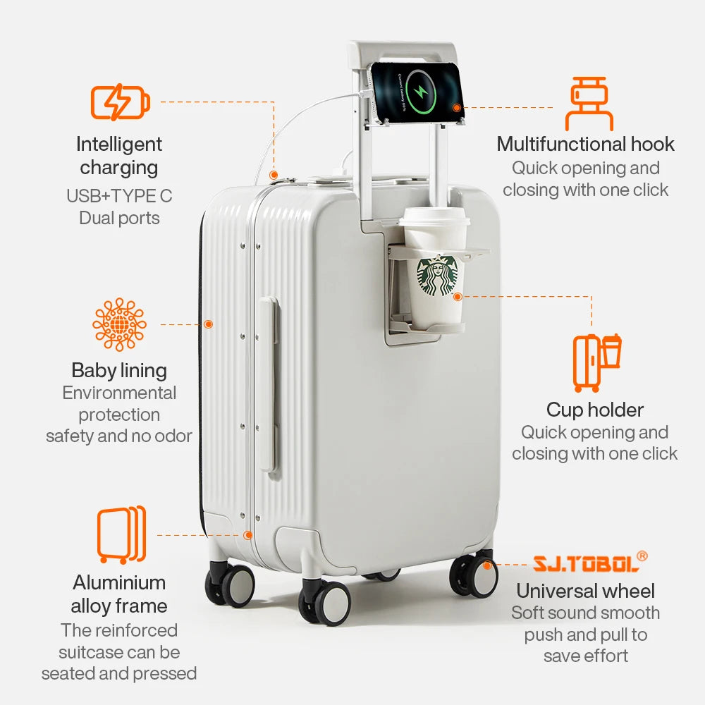 New Aluminum Frame Suitcase with USB Port Boarding